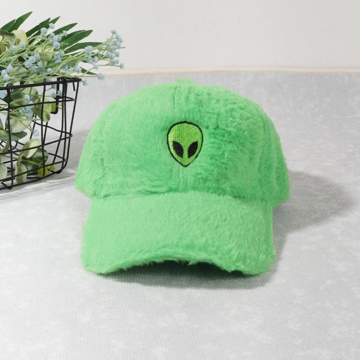 Green Furry Plush Baseball Cap with Alien Design — feature 22