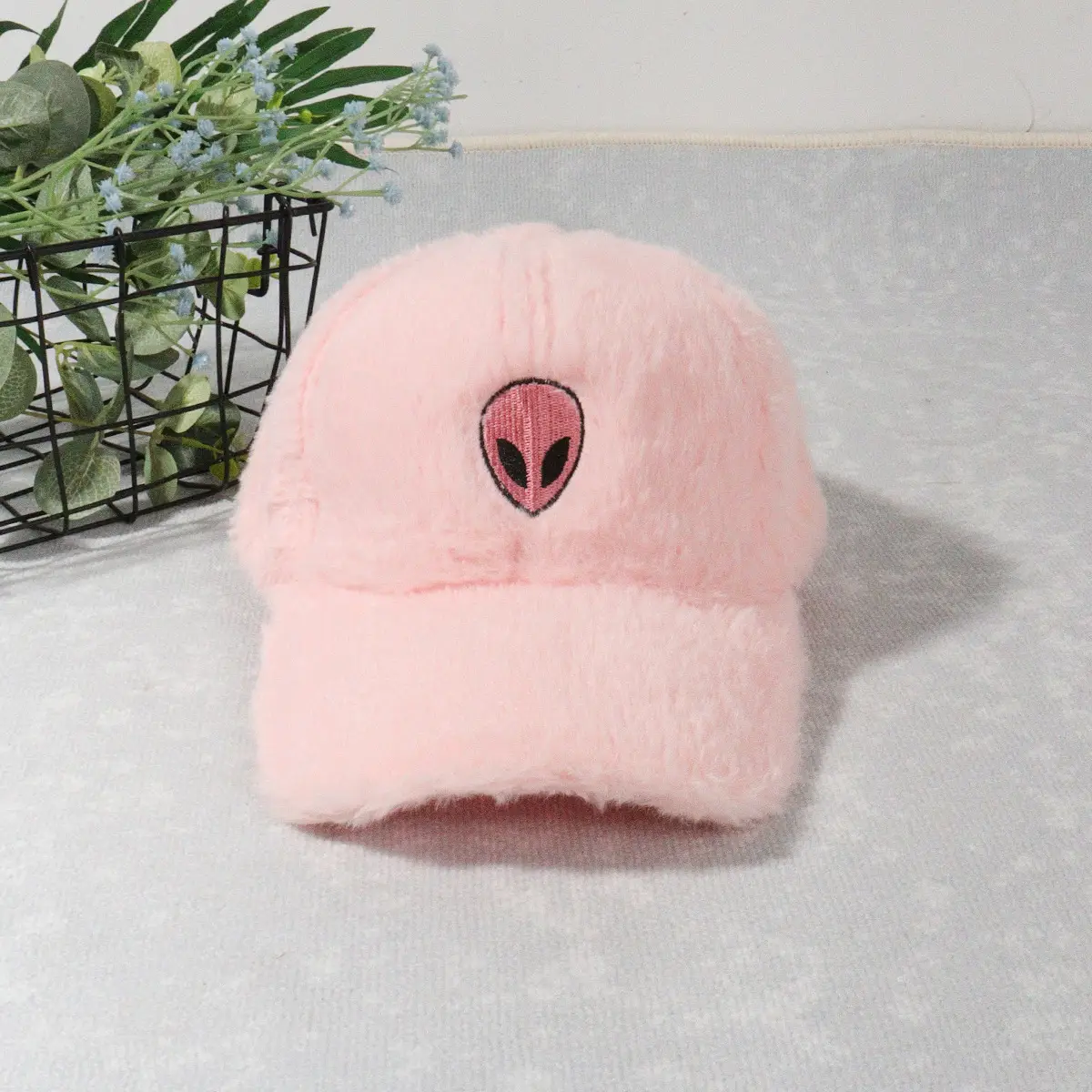 Green Furry Plush Baseball Cap with Alien Design — feature 24
