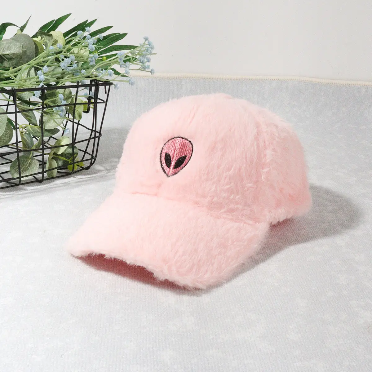 Green Furry Plush Baseball Cap with Alien Design — feature 25