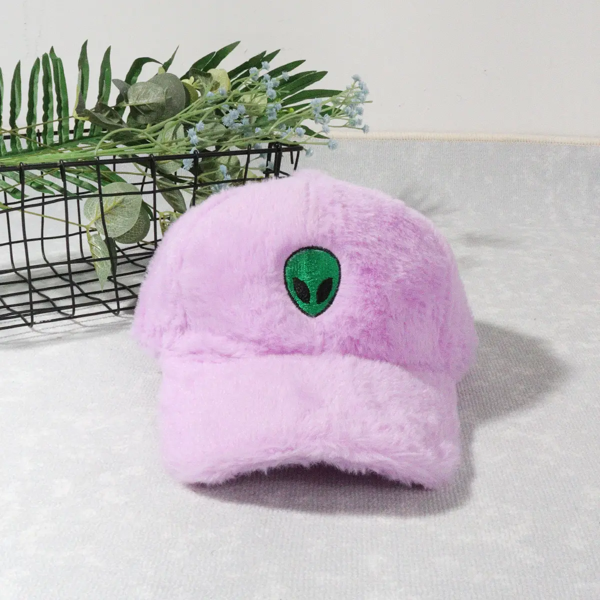 Green Furry Plush Baseball Cap with Alien Design — feature 3