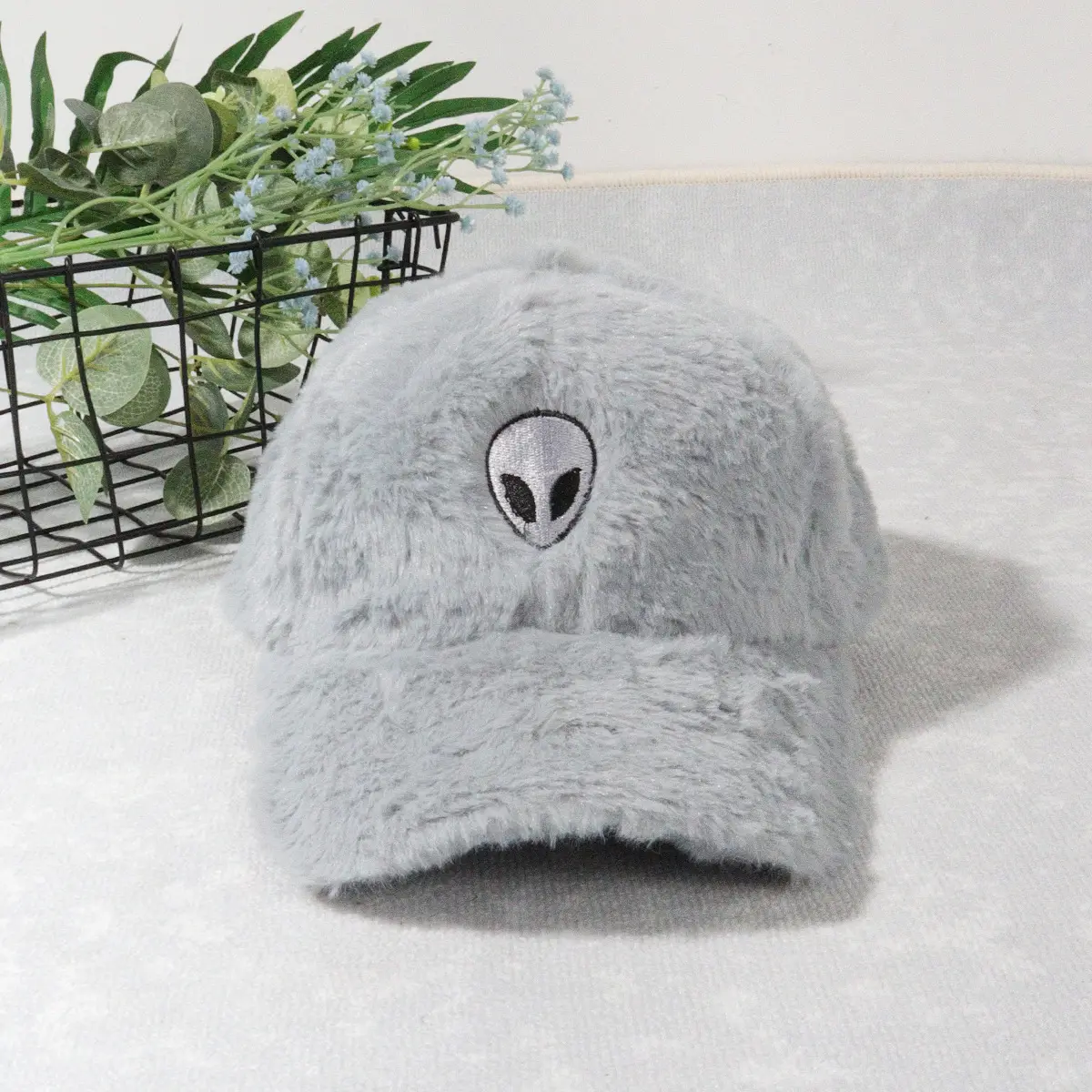 Green Furry Plush Baseball Cap with Alien Design — feature 4