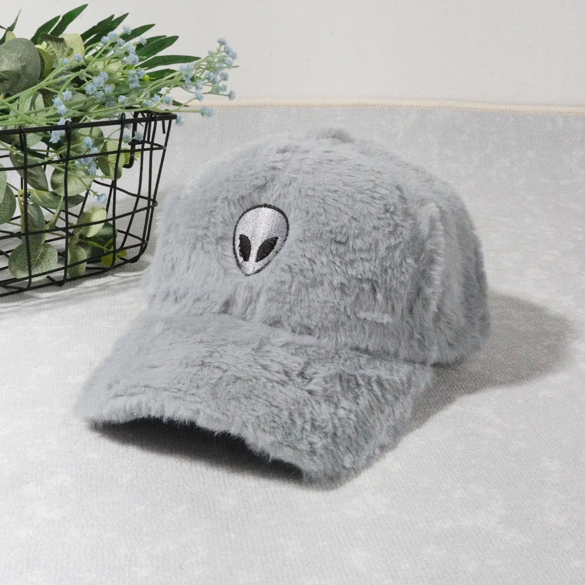 Green Furry Plush Baseball Cap with Alien Design — feature 5