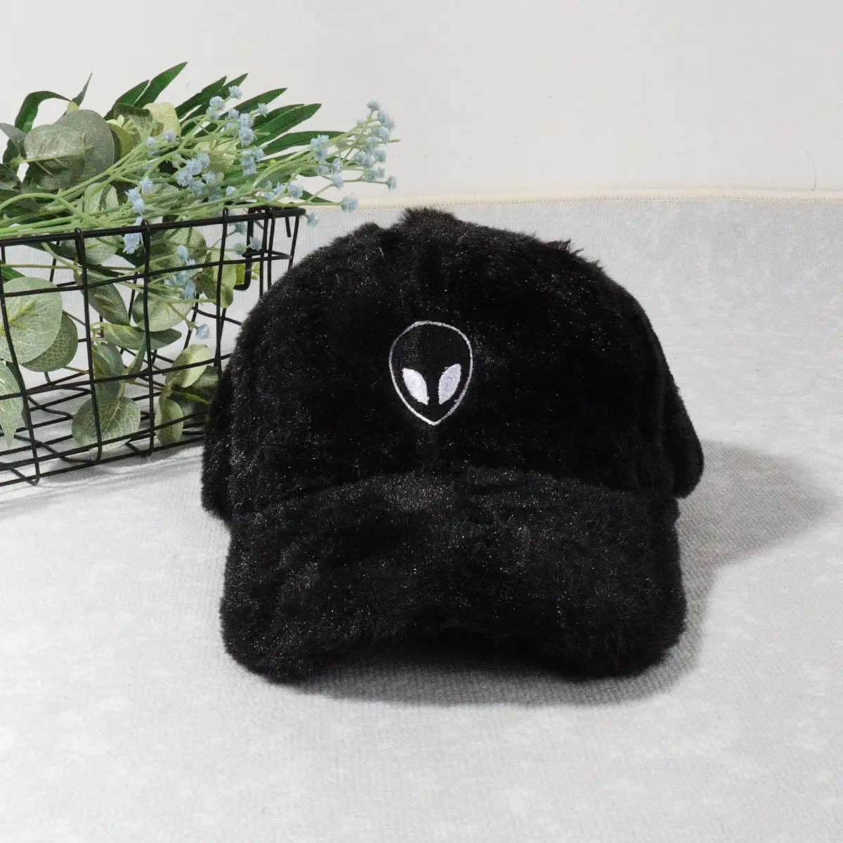 Green Furry Plush Baseball Cap with Alien Design — feature 6