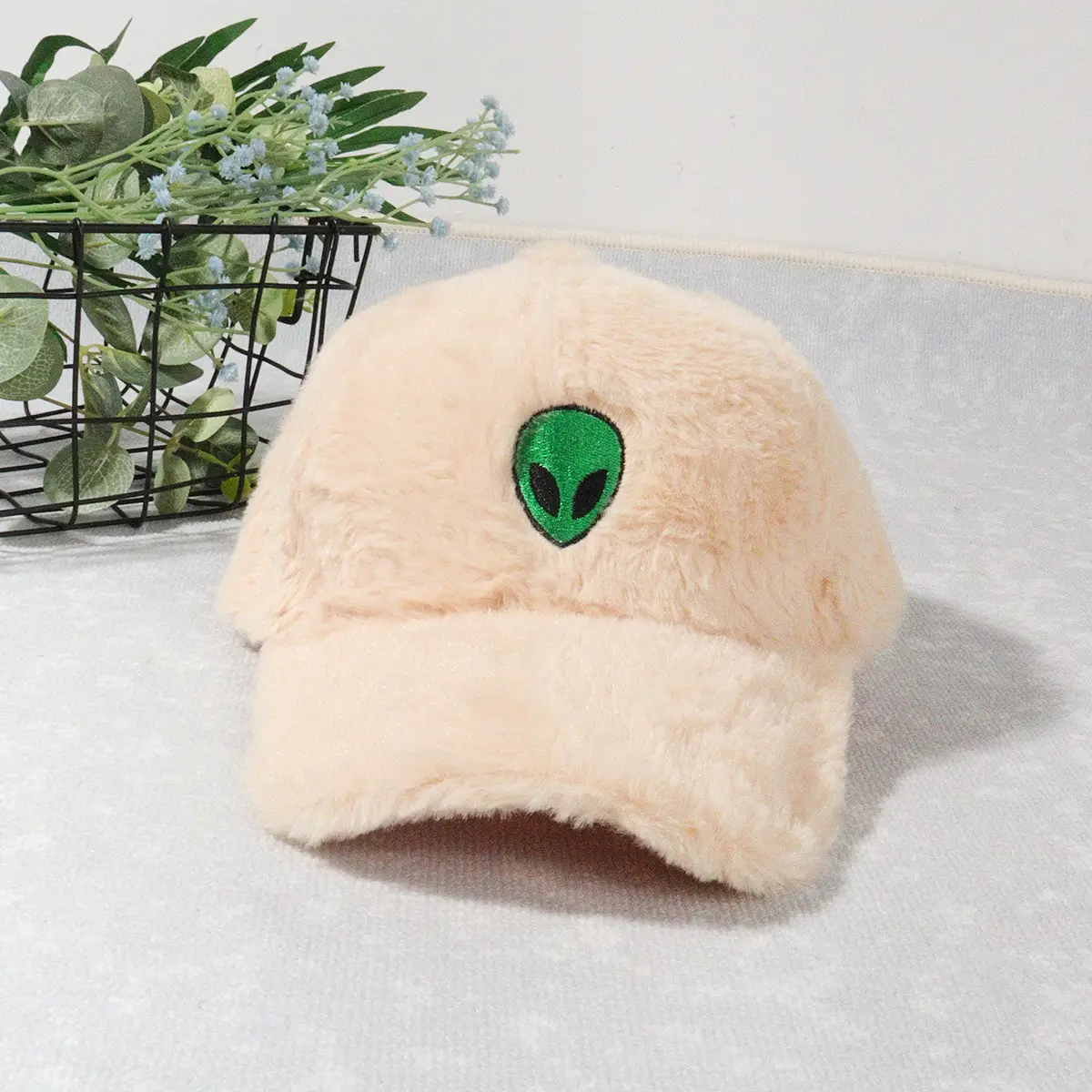 Green Furry Plush Baseball Cap with Alien Design — feature 8
