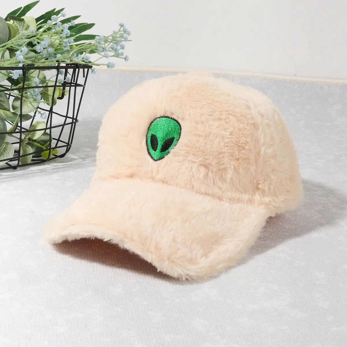 Green Furry Plush Baseball Cap with Alien Design