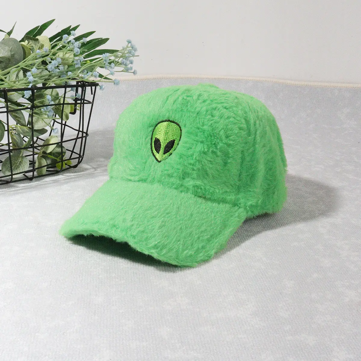 Green Furry Plush Baseball Cap with Alien Design
