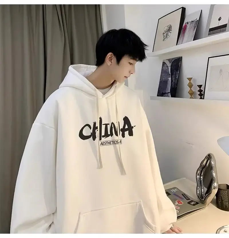 Men China Print Hoodie White Loose Oversize — feature 16