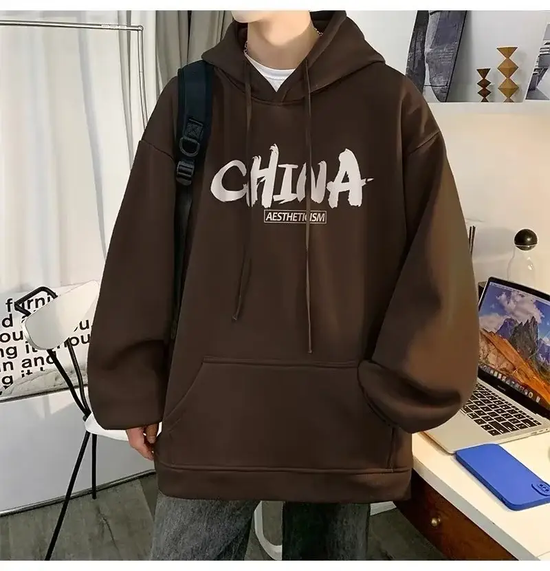 Men China Print Hoodie White Loose Oversize — feature 17