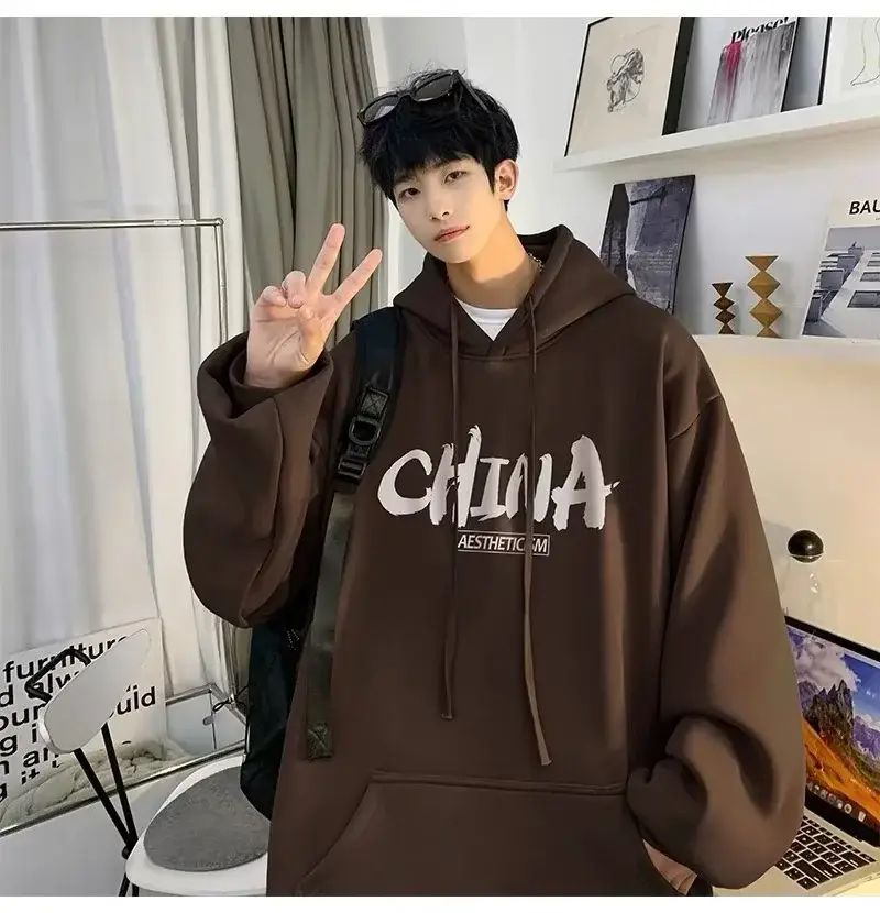 Men China Print Hoodie White Loose Oversize — feature 18