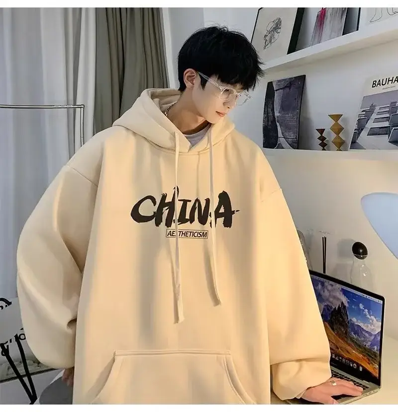 Men China Print Hoodie White Loose Oversize — feature 2