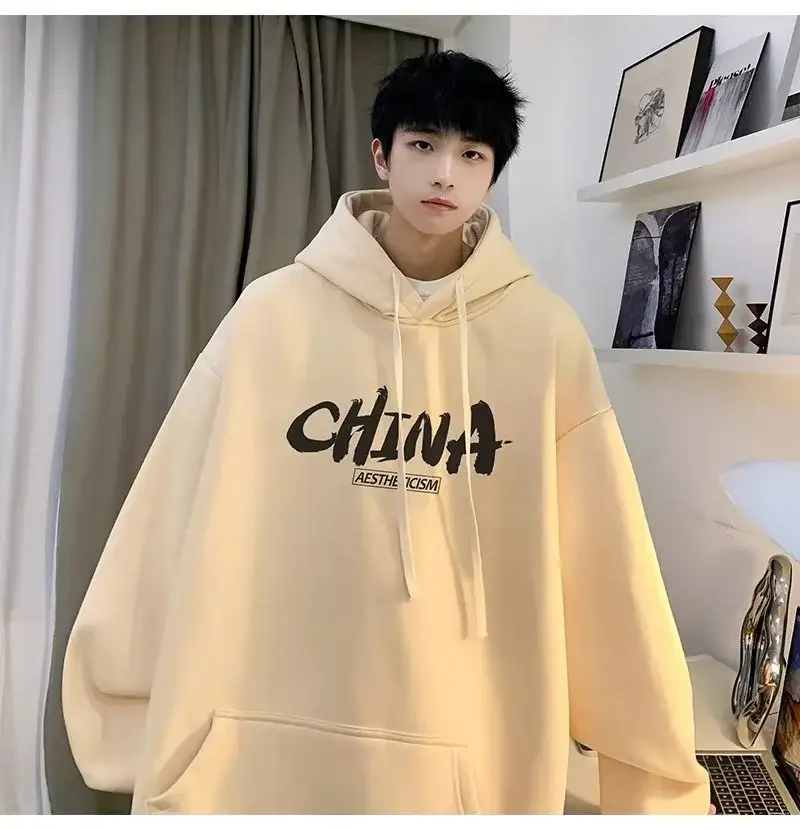 Men China Print Hoodie White Loose Oversize — feature 5