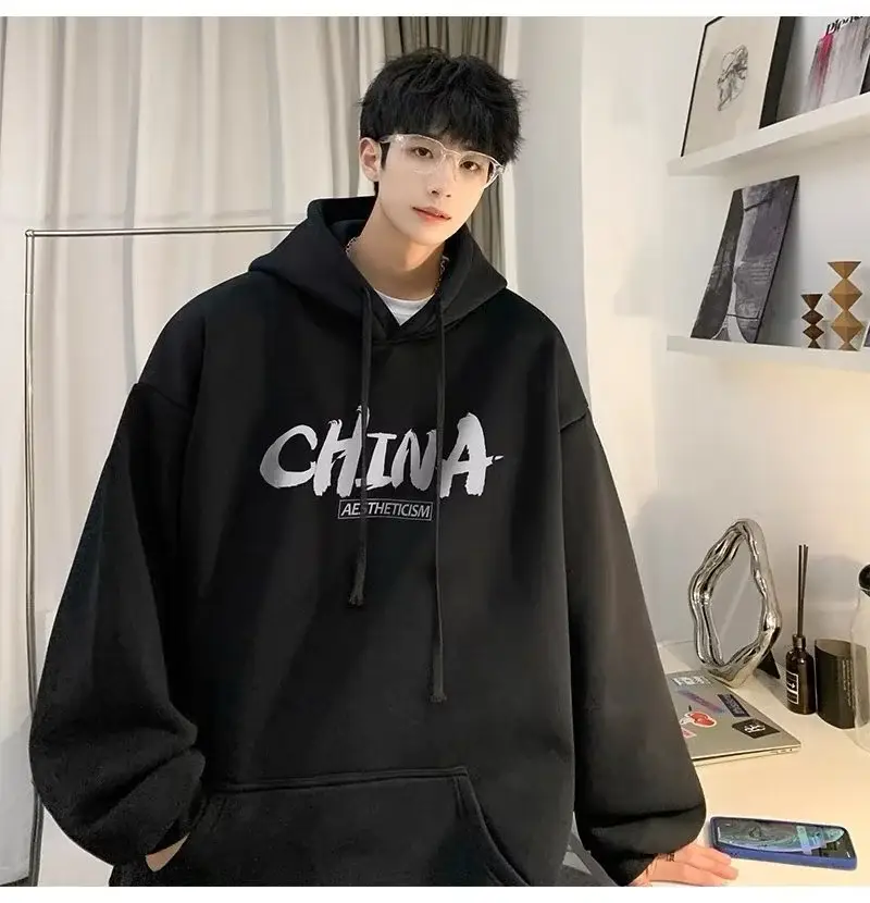 Men China Print Hoodie White Loose Oversize — feature 9
