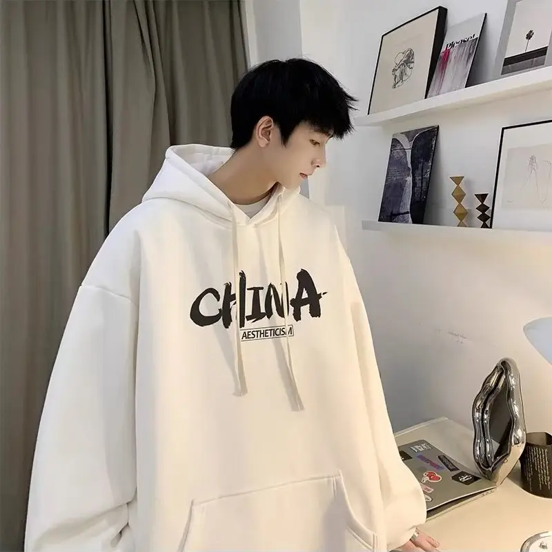 Men China Print Hoodie White Loose Oversize - Image 3