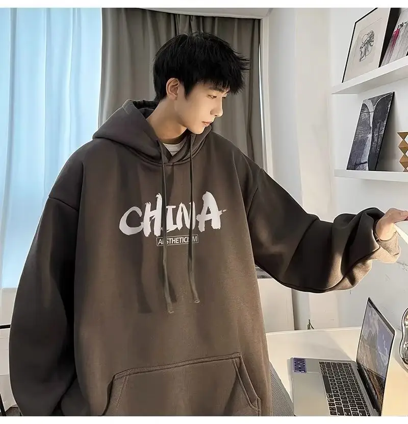 Men China Print Hoodie White Loose Oversize - Image 6