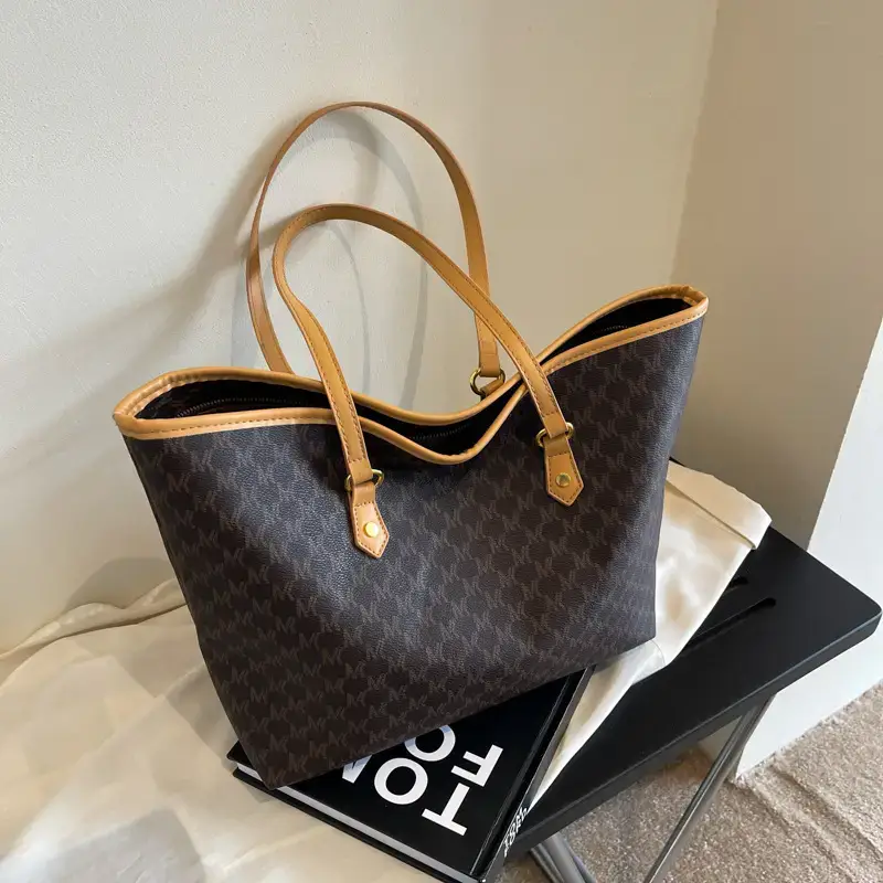Women's Brown Plaid Tote Bag Large Capacity Shoulder Commute - Image 5