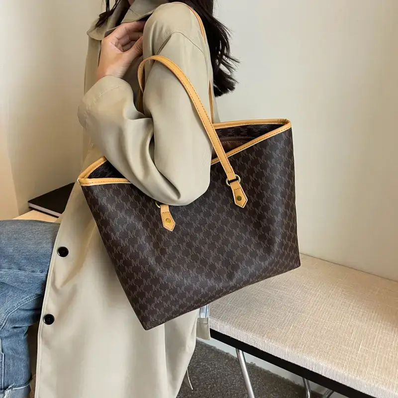Women's Brown Plaid Tote Bag Large Capacity Shoulder Commute - Image 7