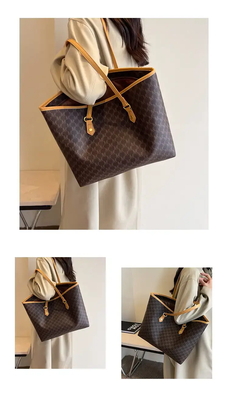 Women's Brown Plaid Tote Bag Large Capacity Shoulder Commute — feature 11