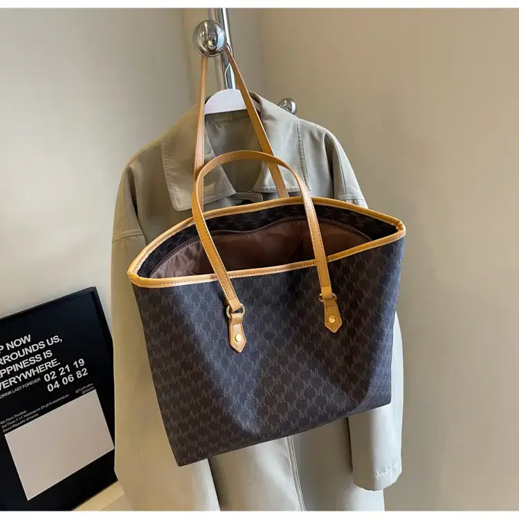 Women's Brown Plaid Tote Bag Large Capacity Shoulder Commute — feature 22