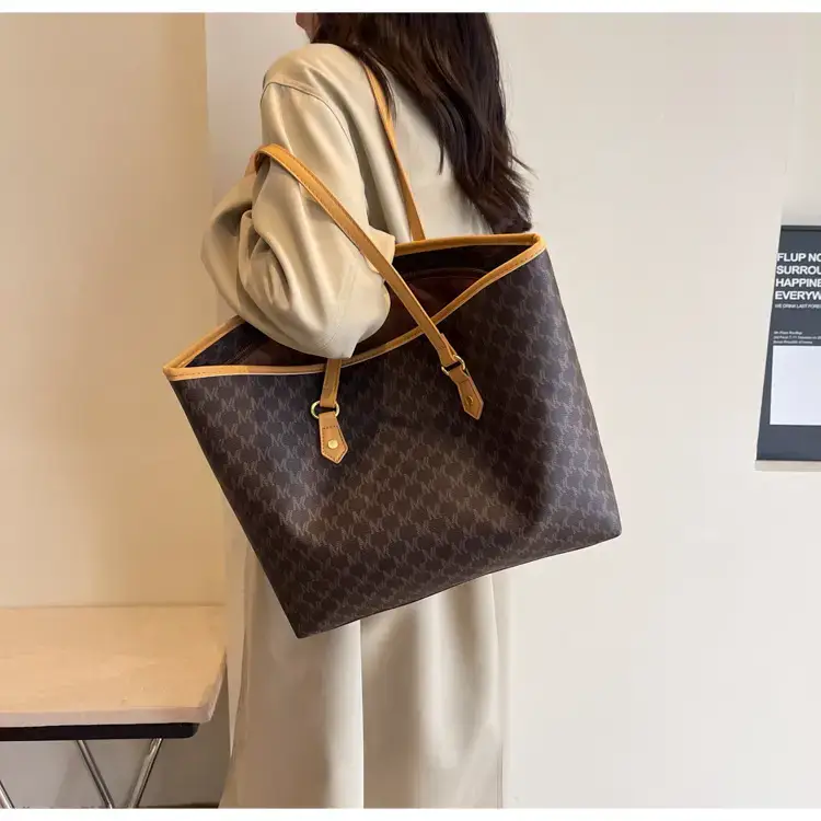 Women's Brown Plaid Tote Bag Large Capacity Shoulder Commute — feature 34