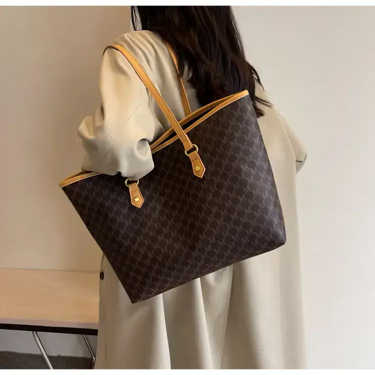 Women's Brown Plaid Tote Bag Large Capacity Shoulder Commute — feature 35