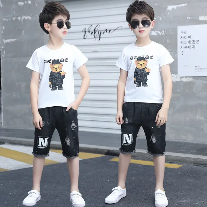 Boys Cotton T-Shirt Shorts Set White Black 2026 - Image 2