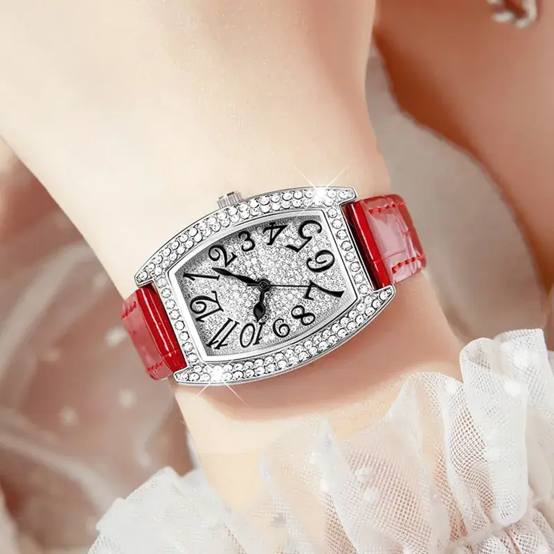 Women's Bucket Dial Watch with Crystal Diamonds & Black Strap - Image 6