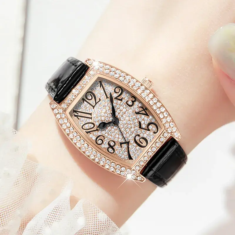 Women's Bucket Dial Watch with Crystal Diamonds & Black Strap - Image 7