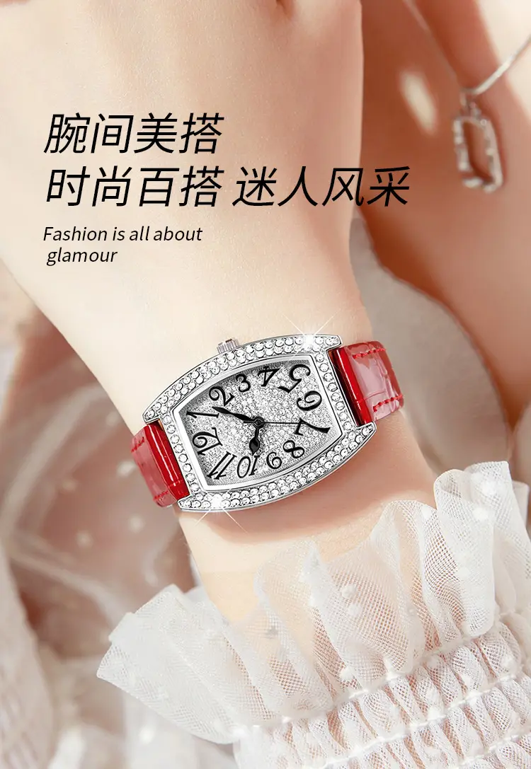 Women's Bucket Dial Watch with Crystal Diamonds & Black Strap — feature 5