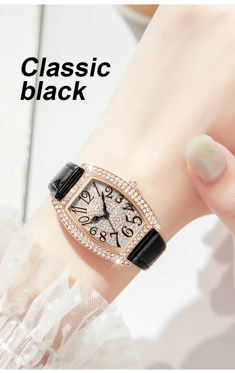 Women's Bucket Dial Watch with Crystal Diamonds & Black Strap — feature 6