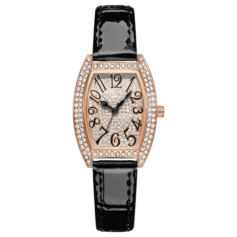 Women's Bucket Dial Watch with Crystal Diamonds & Black Strap - Image 3