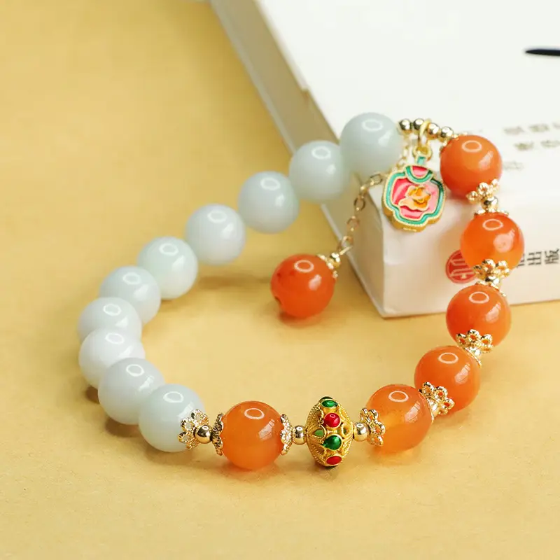 Aiyu Natural Jade Bracelet Orange White Ethnic Style - Image 4