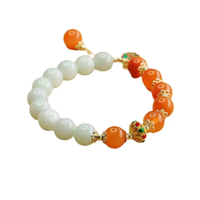 Aiyu Natural Jade Bracelet Orange White Ethnic Style - Image 6