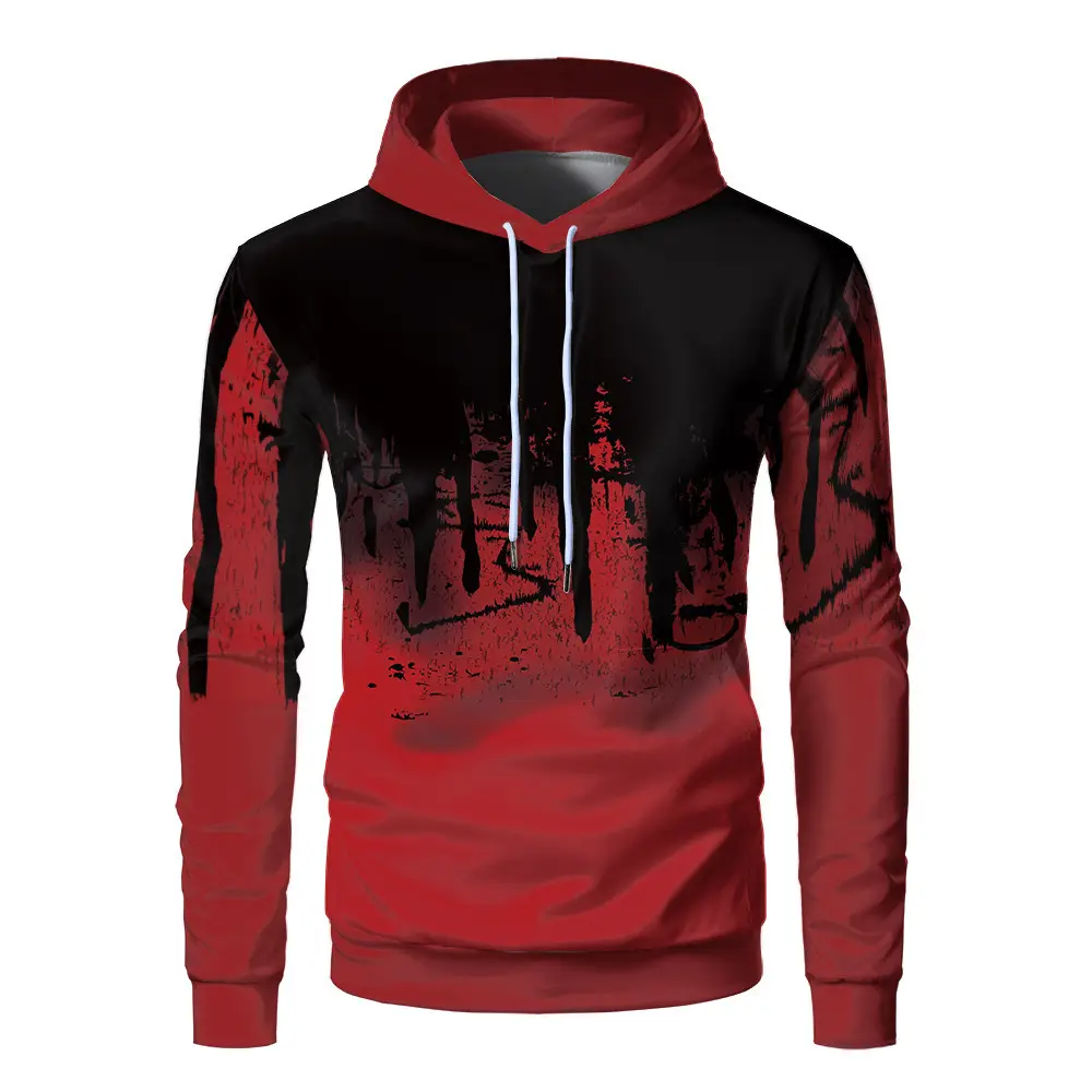 3D Digital Ink Hoodie Men Red Black Gradient Print