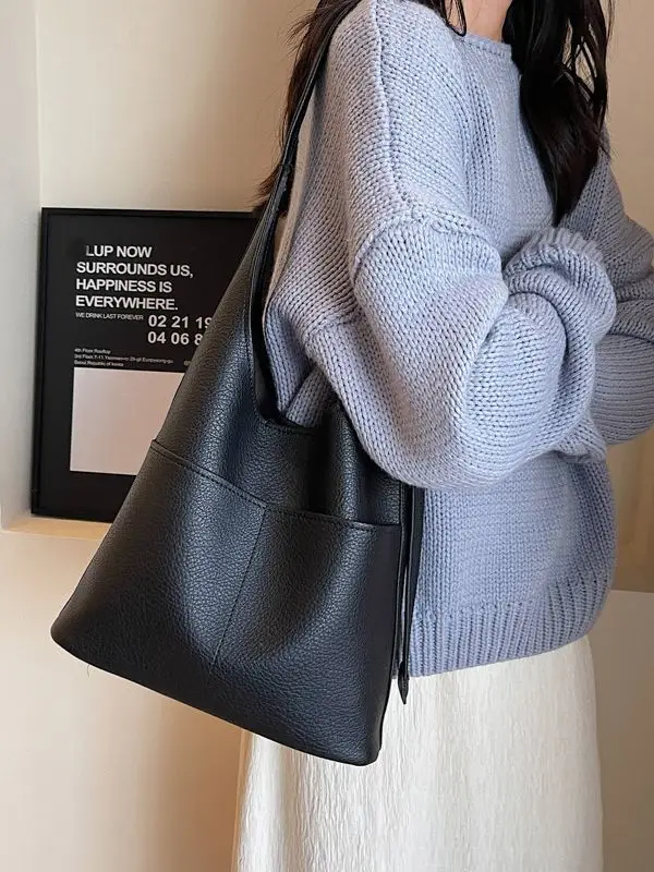 Women Large Capacity Shoulder Bag Brown Leather Winter Autumn - Image 6