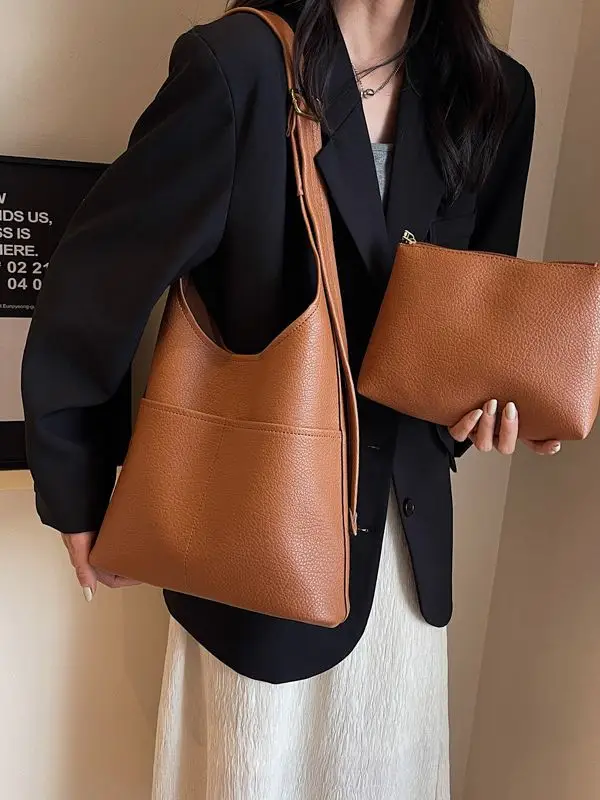Women Large Capacity Shoulder Bag Brown Leather Winter Autumn - Image 7