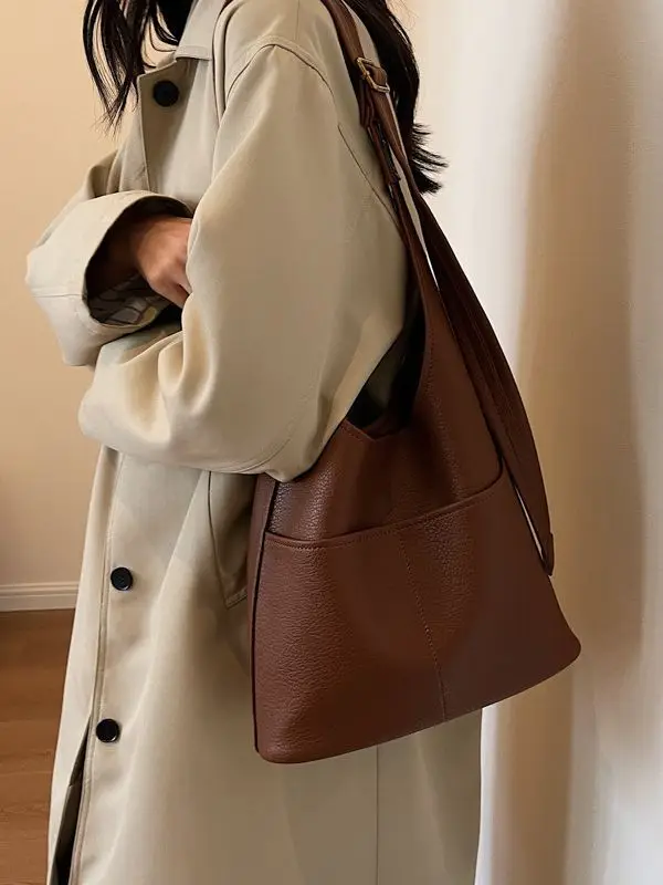 Women Large Capacity Shoulder Bag Brown Leather Winter Autumn - Image 8