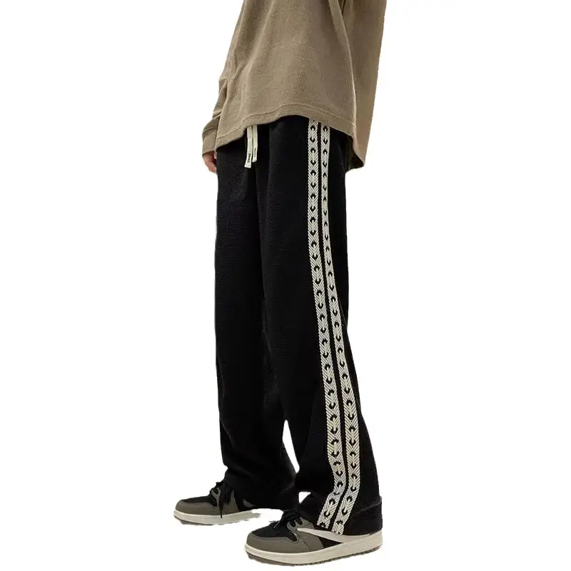 Men Fleece Lined Waffle Pants Beige Black Embroidered 2023 - Image 11