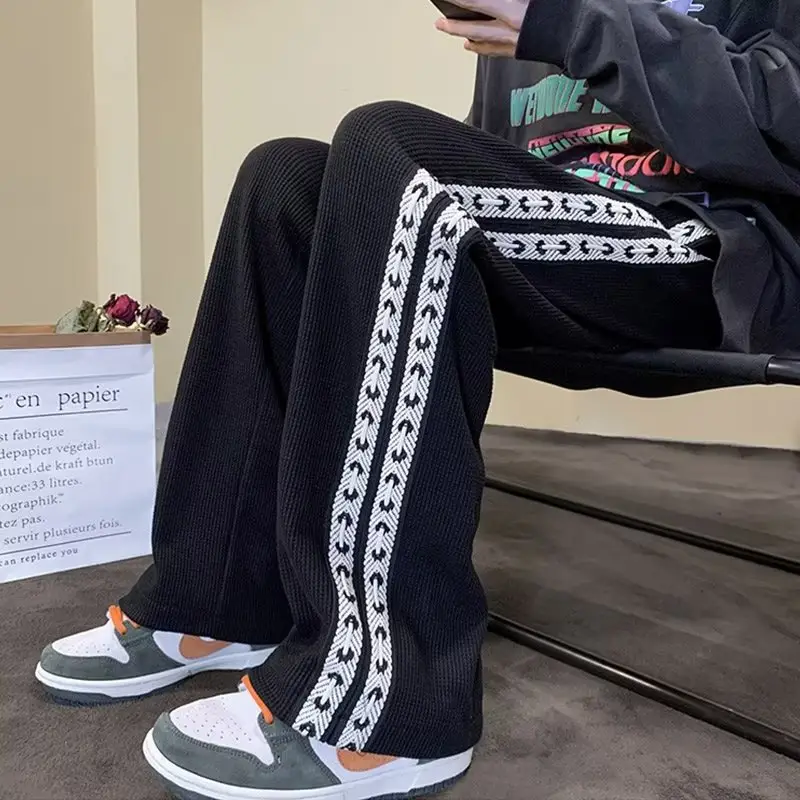 Men Fleece Lined Waffle Pants Beige Black Embroidered 2023 - Image 4