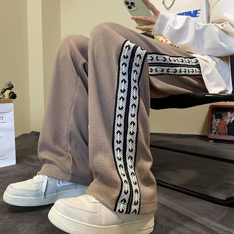 Men Fleece Lined Waffle Pants Beige Black Embroidered 2023 - Image 6