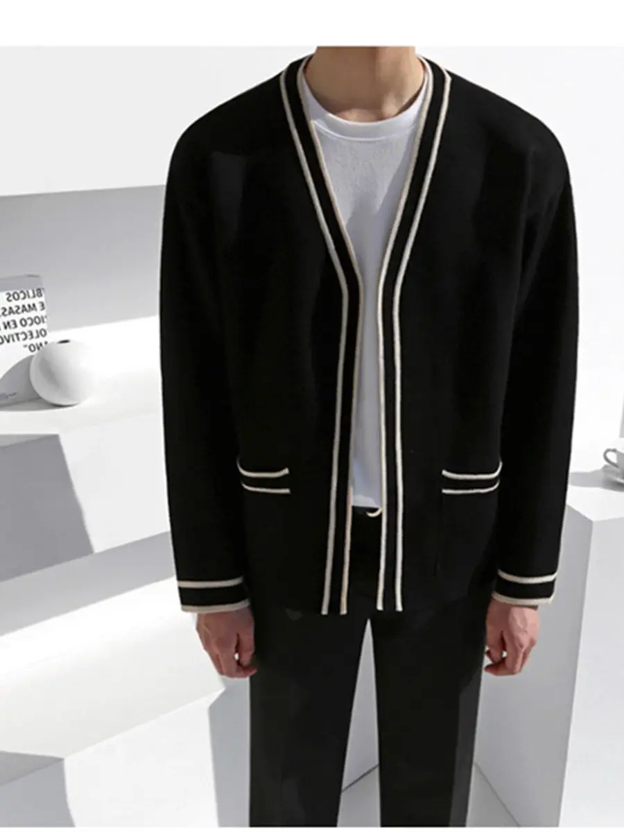 Men Black Striped V-Neck Sweater Cardigan Jacket - Image 3