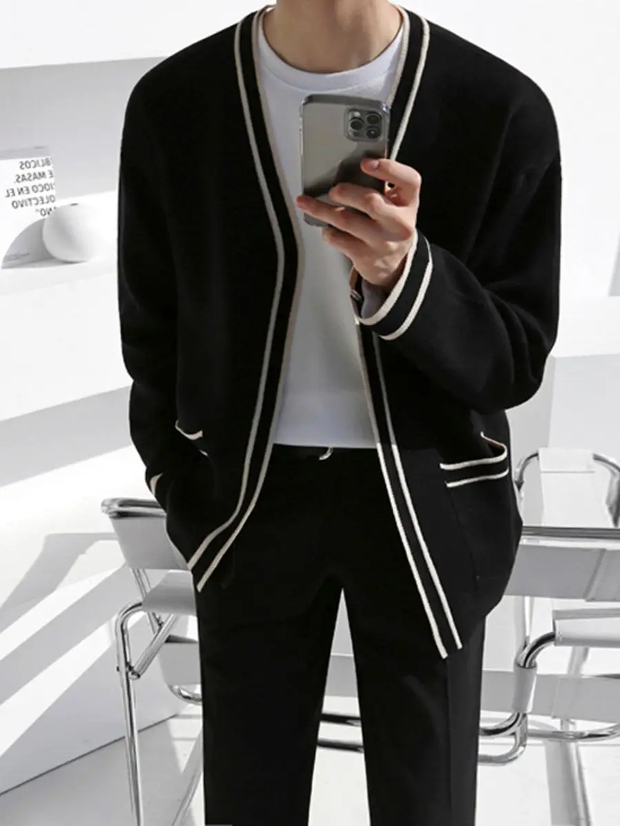 Men Black Striped V-Neck Sweater Cardigan Jacket - Image 4