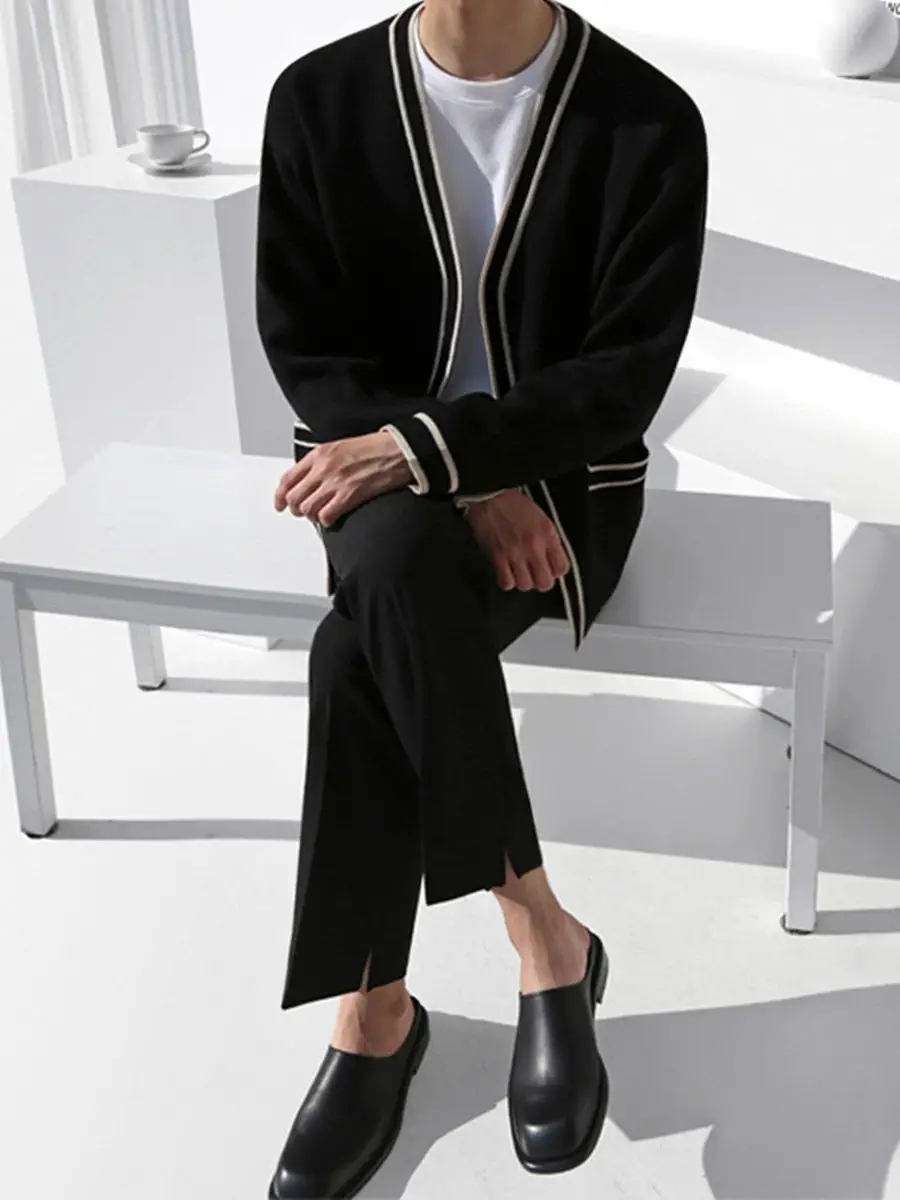 Men Black Striped V-Neck Sweater Cardigan Jacket - Image 5