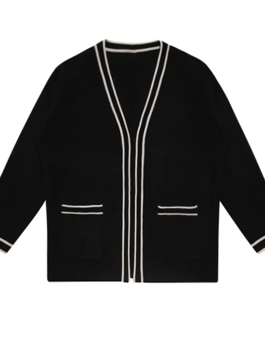 Men Black Striped V-Neck Sweater Cardigan Jacket - Image 6