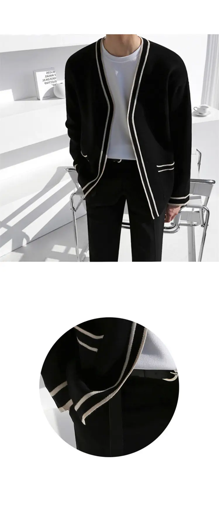 Men Black Striped V-Neck Sweater Cardigan Jacket — feature 2