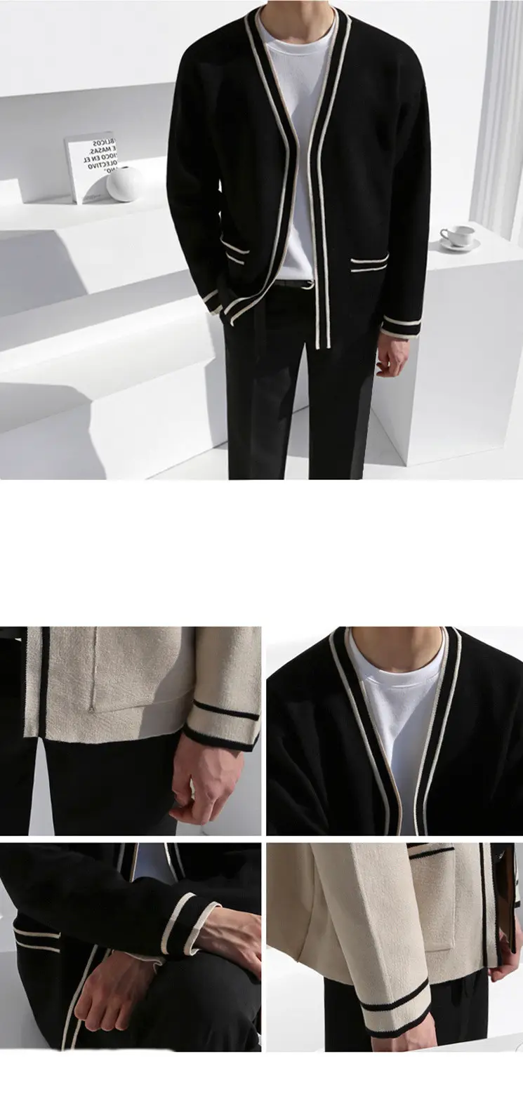Men Black Striped V-Neck Sweater Cardigan Jacket — feature 3