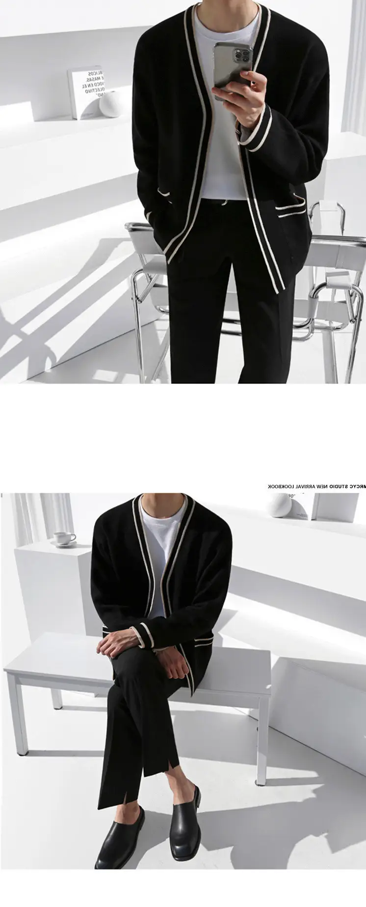 Men Black Striped V-Neck Sweater Cardigan Jacket — feature 4