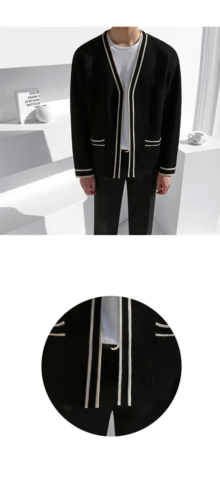 Men Black Striped V-Neck Sweater Cardigan Jacket — feature 5