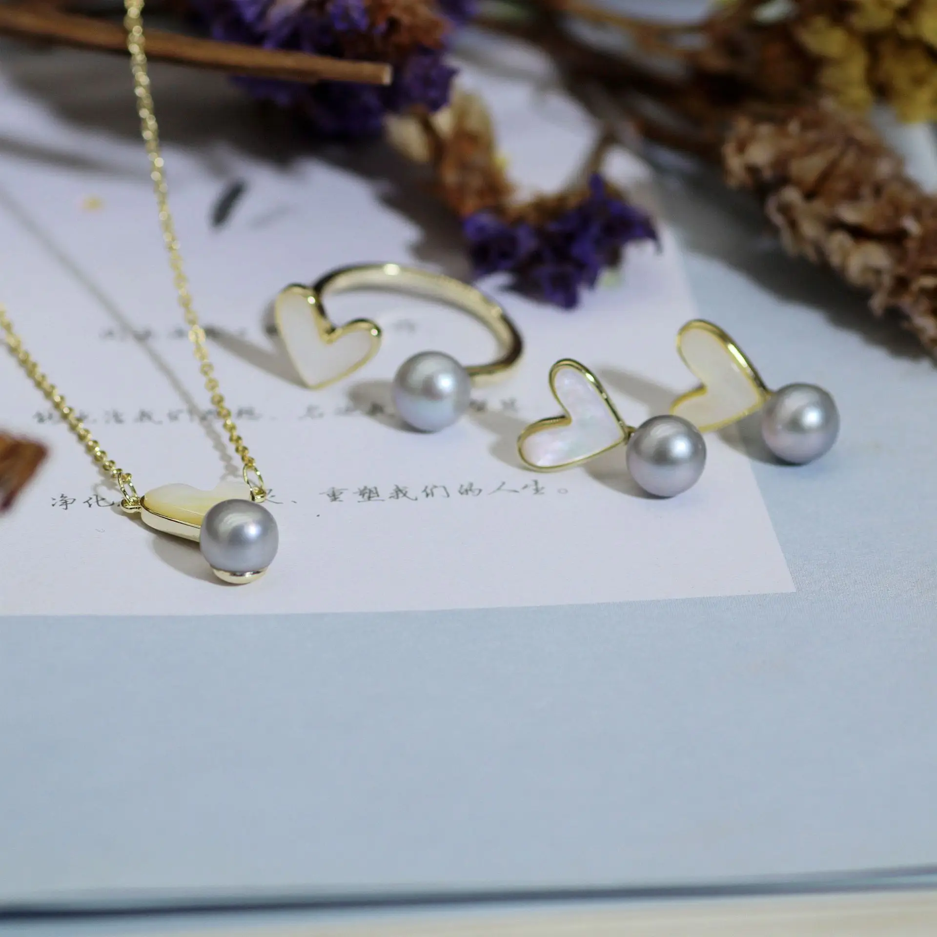 925 Silver Heart Necklace Set with Pearl Drop — feature 14