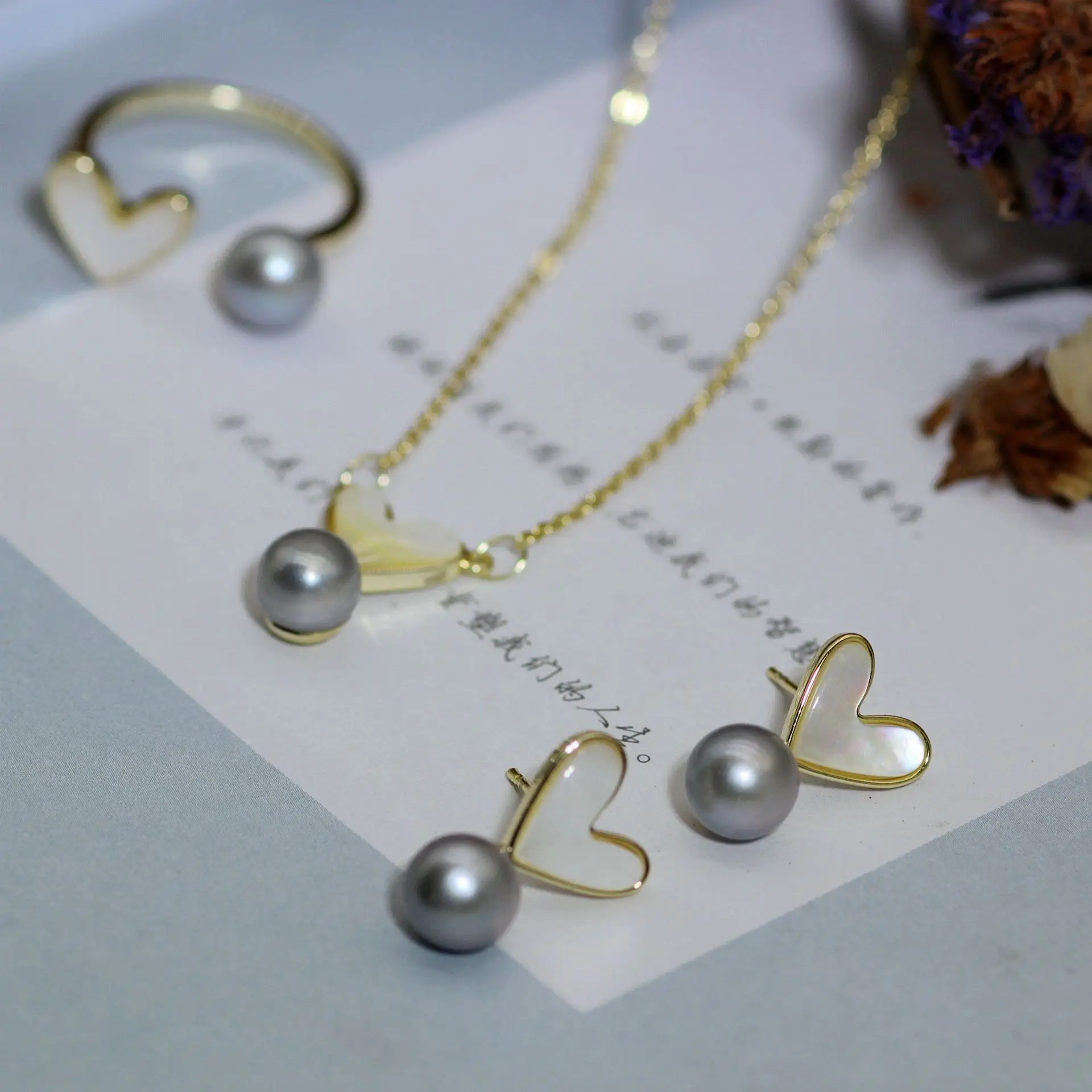 925 Silver Heart Necklace Set with Pearl Drop — feature 2