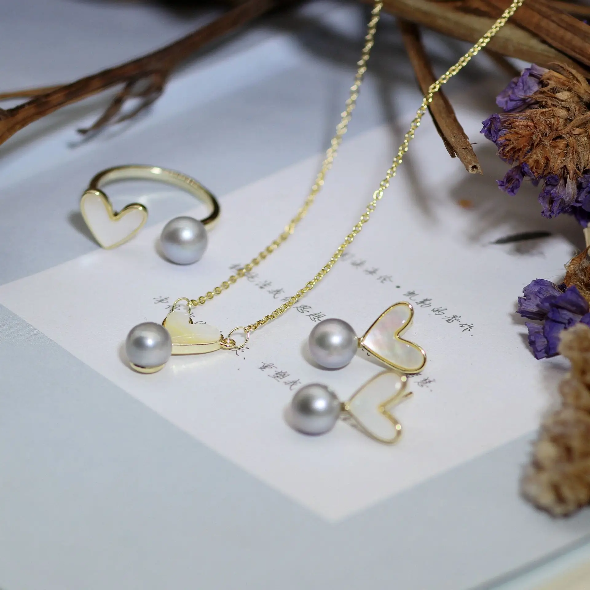 925 Silver Heart Necklace Set with Pearl Drop — feature 3